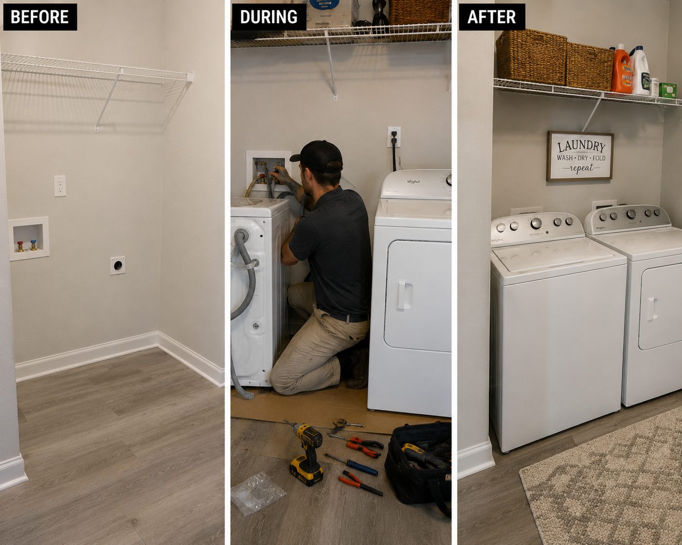 Before, during, and after of a washer and dryer installed in a refreshed laundry room
