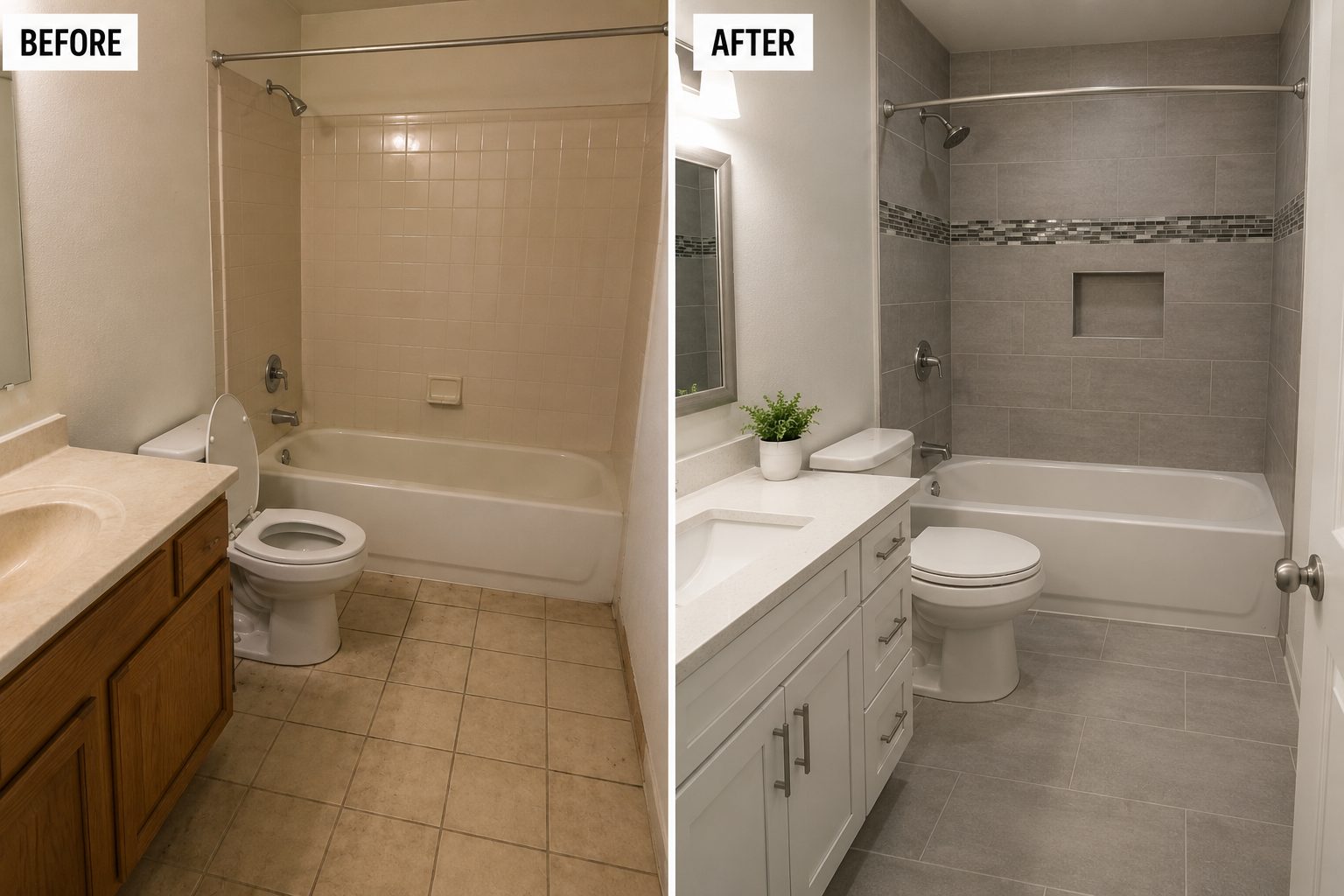 Before and after of a San Diego bathroom remodel with new gray tile and a white vanity