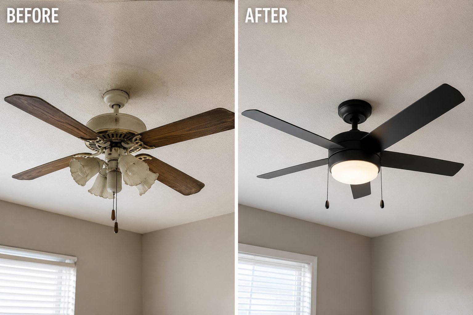 Before and after of a dated brass ceiling fan replaced with a modern black fan and light