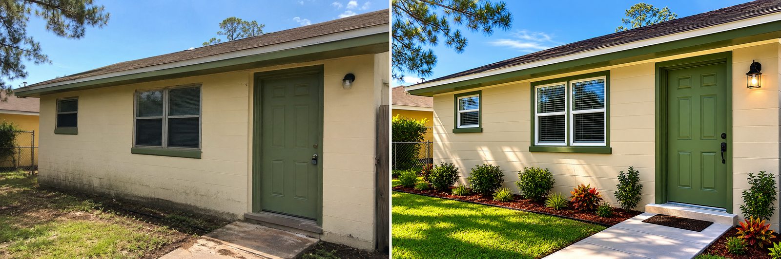 Before and after of a San Diego home exterior repainted with fresh trim and new front-yard landscaping
