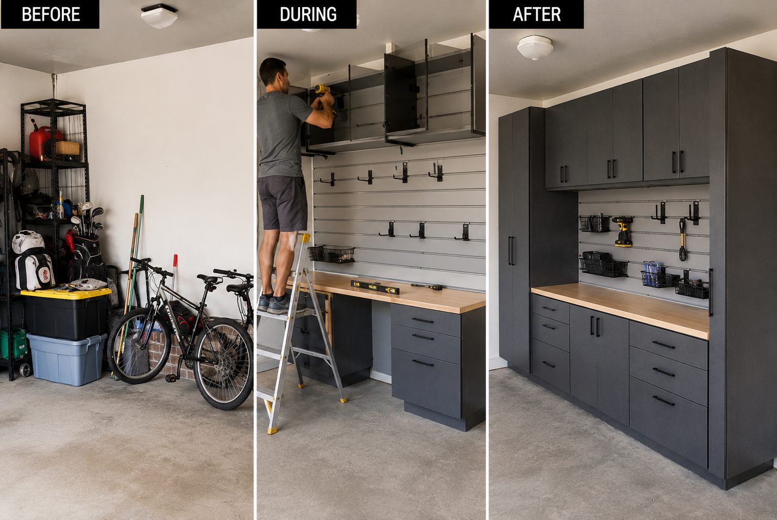 Before and after of a cluttered garage fitted with dark storage cabinets and slatwall organization