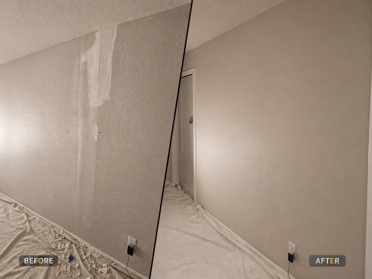 Before and after of an interior wall patched and repainted in a smooth neutral finish