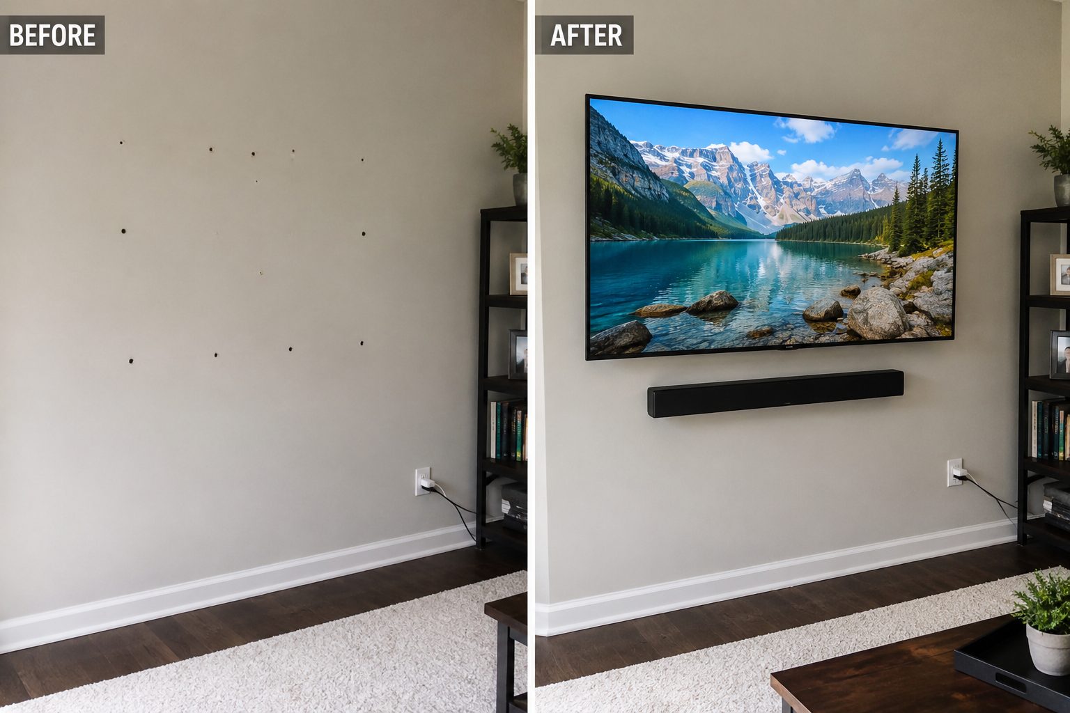 Before and after of a flat-screen TV and soundbar mounted cleanly on a living room wall