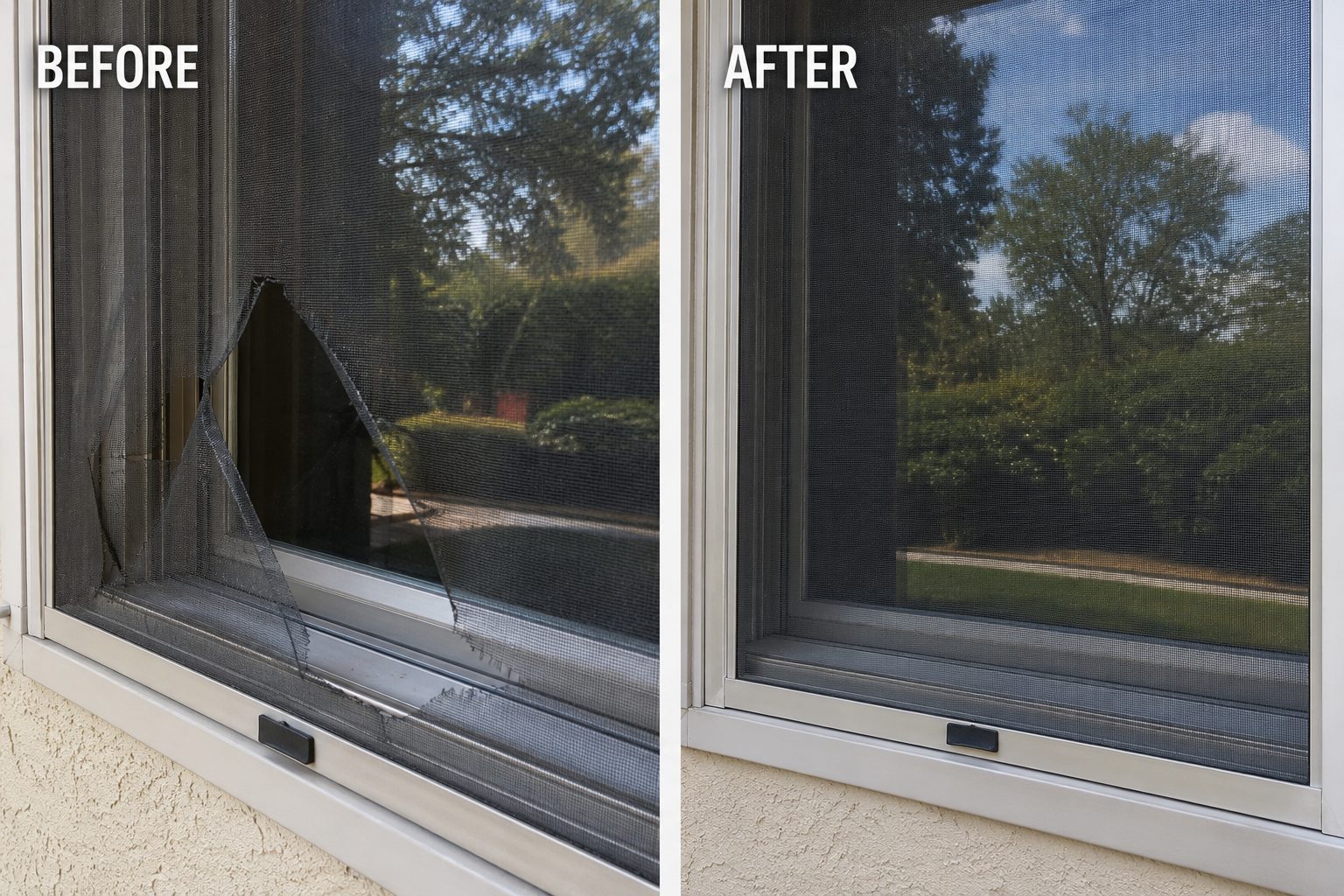 Before and after of a torn window screen replaced with a clean new screen on a San Diego home