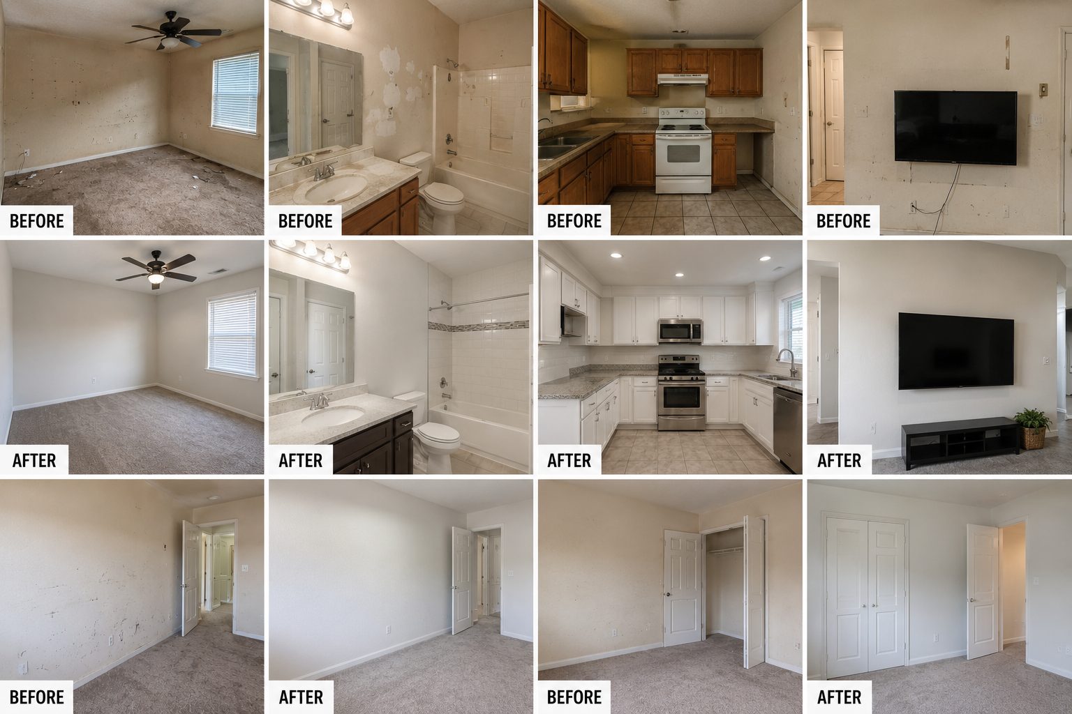 A montage of completed We Will Fix projects across San Diego — bathrooms, kitchens, exteriors, and repairs