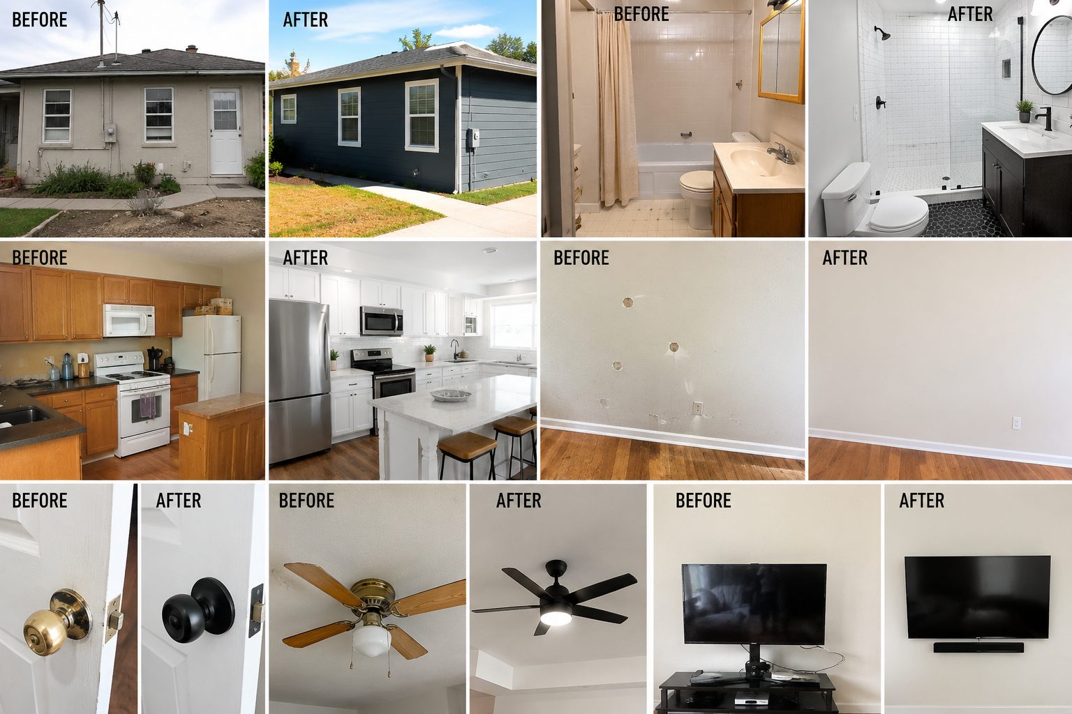 A montage of completed We Will Fix handyman projects across San Diego — TV mounting, painting, tile, assembly, and more
